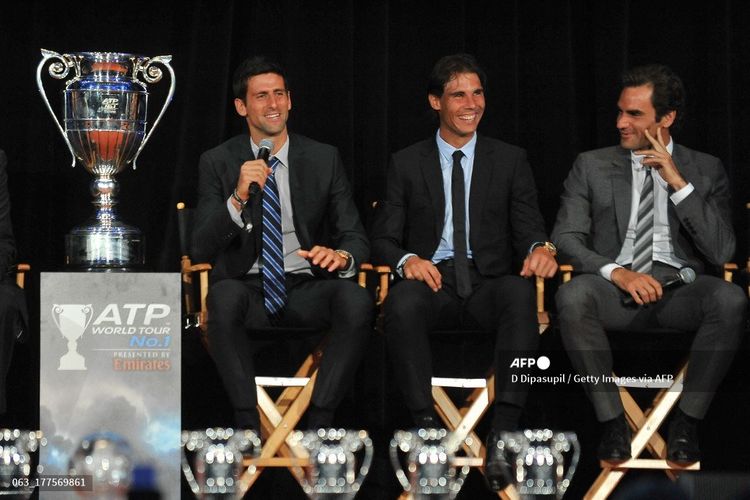 Anggota The Big Three, Novak Djokovic, Rafael Nadal, dan Roger Federer menghadiri Perayaan Warisan ATP di The Waldorf Astoria pada 23 Agustus 2013 di New York City.