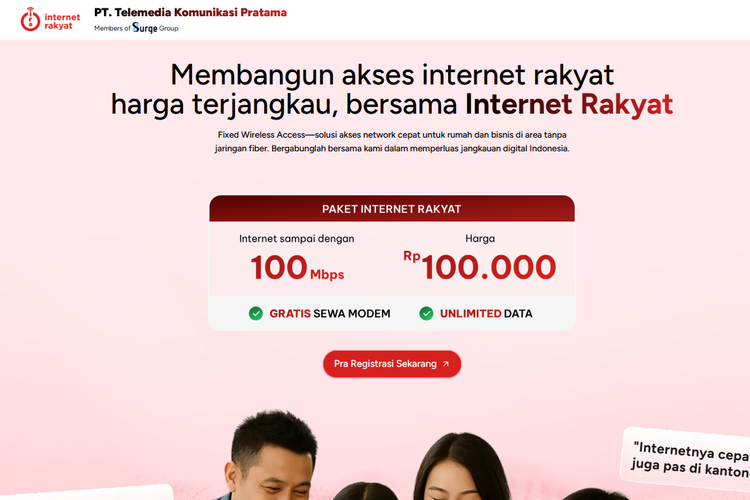 Halaman depan pendaftaran internet rakyat kini berubah. Semula ada tiga pilihan paket internet, tetapi kini hanya tersisa satu. 