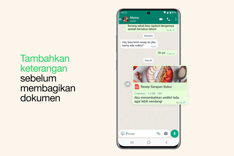 Fitur baru WhatsApp, pengguna bisa menambahkan caption ketika mengirim dokumen di ruang obrolan.