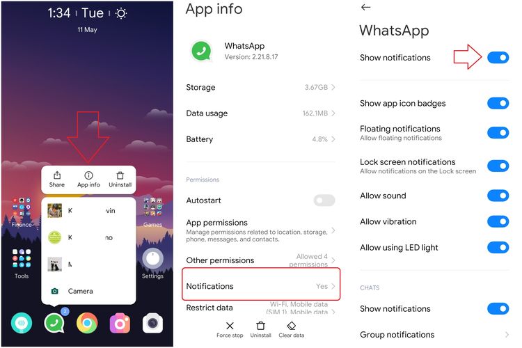 Cara menonaktifkan notifikasi WhatsApp.