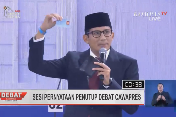 Cawapres nomor urut 02 Sandiaga Uno dalam debat ketiga Pilpres 2019.