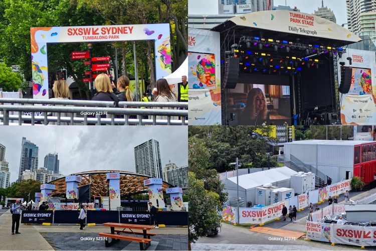 Tumbalong Park disulap menjadi dua panggung yang cukup besar untuk acara festival musik SXSW Sydney 2023. Di Tumbalong Park, kami melihat banyak spanduk SXSW, gapuran SXSW, hingga beragam booth aktivasi untuk sponsor SXSW Sydney 2023 seperti Posche dan lainnya.