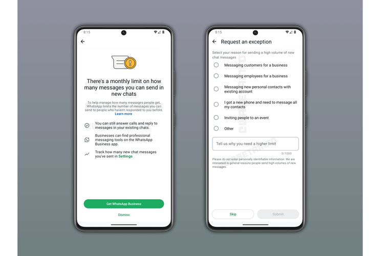 WhatsApp juga dilaporkan menyiapkan opsi pengajuan pengecualian (message limit exception) bagi pengguna yang memang membutuhkan kapasitas lebih besar.
