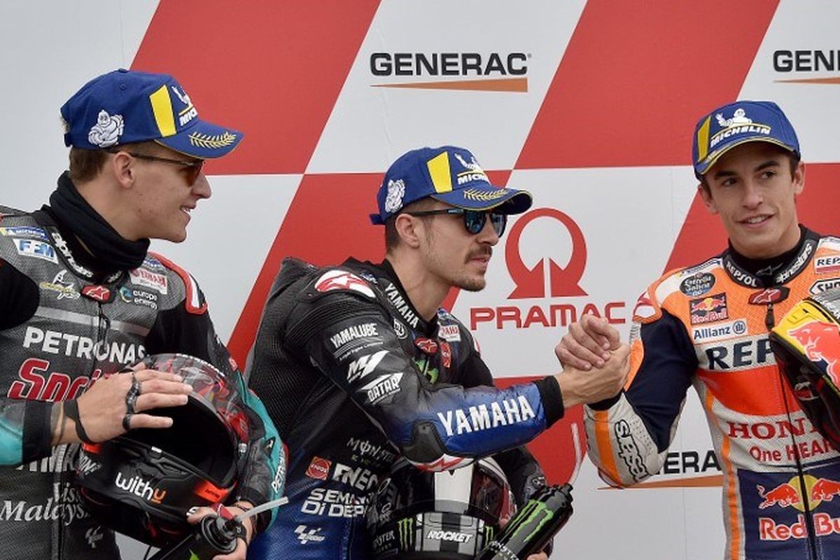 Fabio Quartararo Maverick Vinales, dan Marc Marquez usai babak kualifikasi MotoGP pada MotoGP Australia 2019 di Sirkuit Phillip Island, 27 Oktober 2019. 