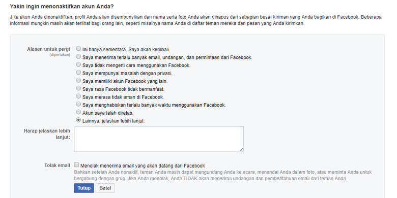 Menonaktifkan akun Facebook sementara