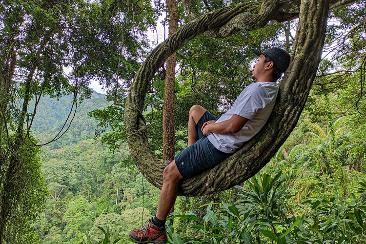 Pengunjung berfoto di spot Akar O Curug Lawe Benowo Kalisidi.