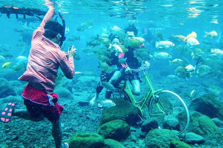 Pengunjung Umbul Ponggok di Kecamatan Polanharjo, Kabupaten Klaten, Jawa Tengah, menyewa jasa warga setempat yang berprofesi sebagai fotografer bawah air, Minggu (14/8/2016).