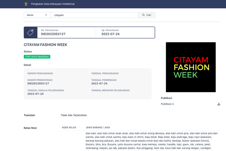Tangkapan layar halaman DJKI Kemenkumham tentang pendaftaran merek Citayam Fashion Week.