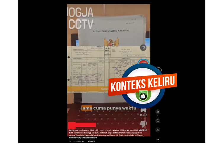 Tangkapan layar Facebook narasi yang mengeklaim tanah yang belum disertifikatkan akan diambil alih negara