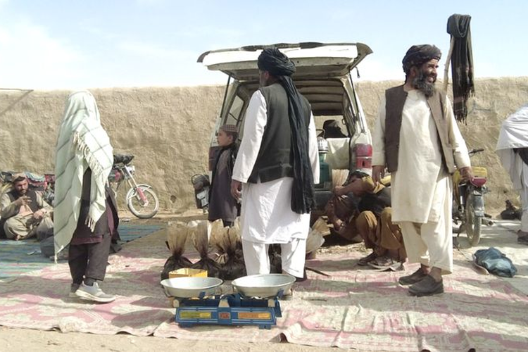 Aktivitas jual-beli opium terlihat jelas di sebuah pasar di Kandahar, Afghanistan.