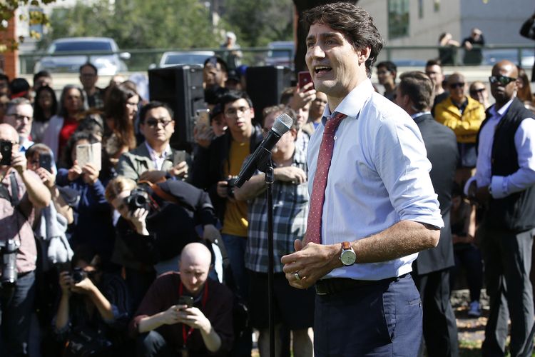 Perdana Menteri Kanada Justin Trudeau berbicara pada wartawan pada 19 September 2019 di Winnipeg, Kanada. 