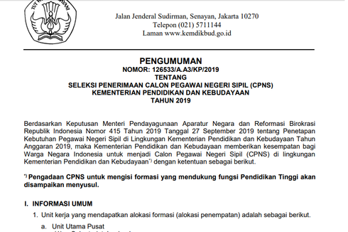 Perincian Formasi CPNS 2019 di Kemendikbud