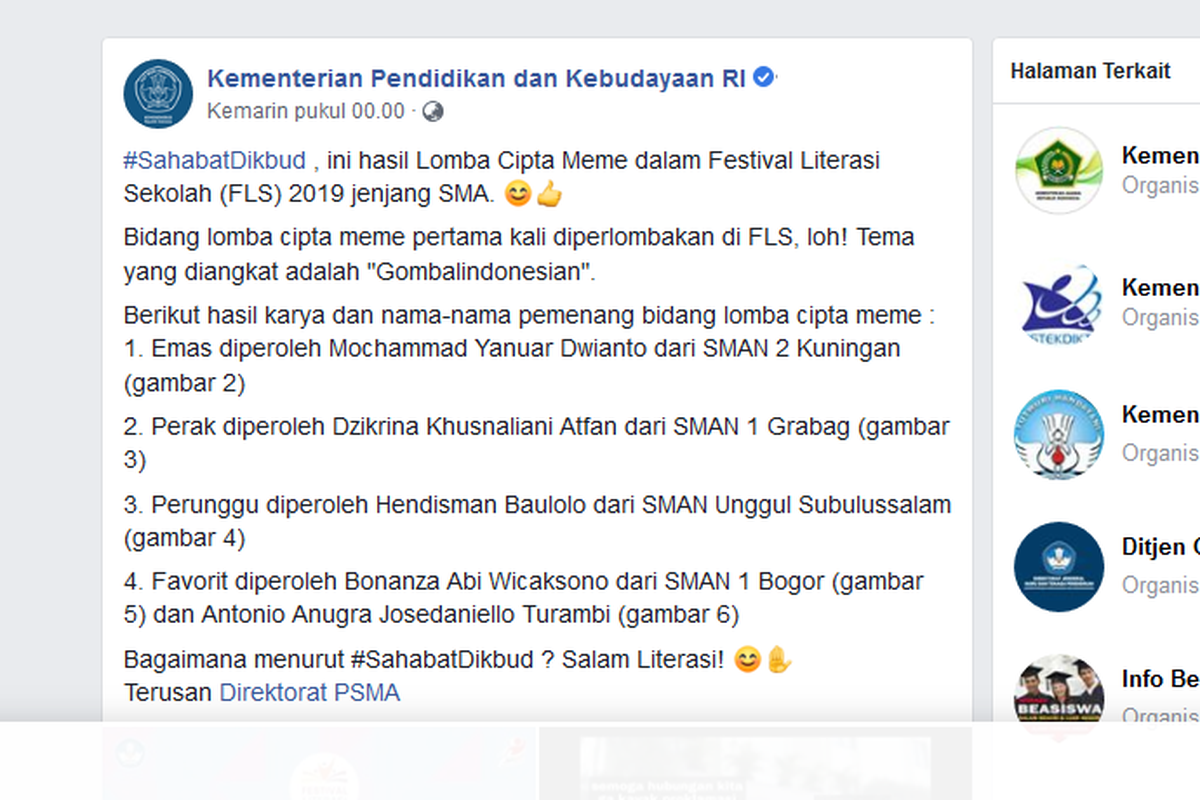 Postingan Kementerian Pendidikan dan Kebudayaan RI mengenai pemenang Lomba Cipta Meme dana Festival Literasi Sekolah 2019.
