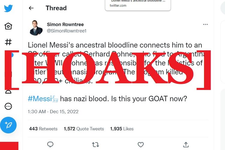Tangkapan layar Twitter narasi yang menyebut bahwa Lionel Messi masih memiliki ikatan darah dengan tokoh Nazi, Gerhard Bohne. 