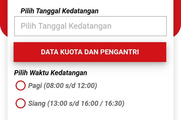 Pilihan tanggal kedatangan dalam aplikasi Antrian Paspor Online atau Apapo.