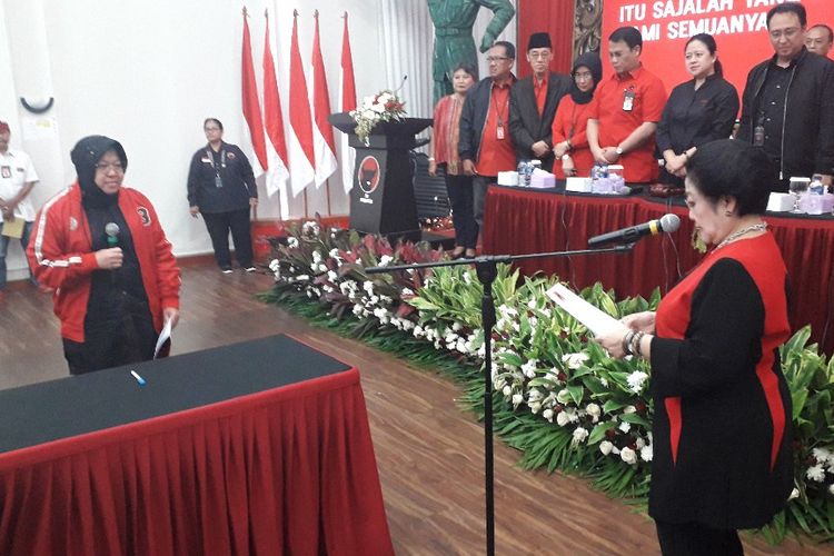 Prosesi pelantikan Ketua DPP PDI-P Bidang Kebudayaan Tri Rismaharini di Kantor DPP PDI-P, Senin (19/8/2019).