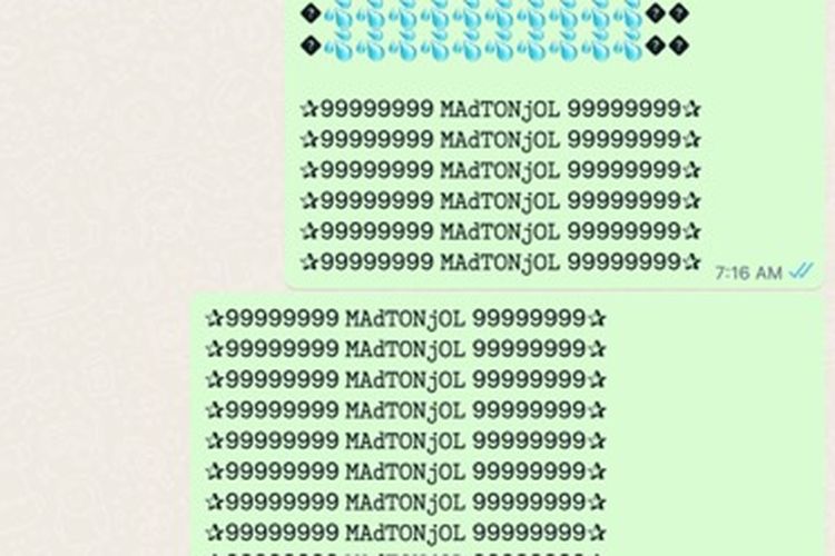 Ilustrasi salah satu jenis Virtex bernama ghostname yang dikirim ke aplikasi WhatsApp. Teks panjang dari Virtex itu dipecah WhatsApp karena berpotensi membuat hang jika dimuat bersamaan.