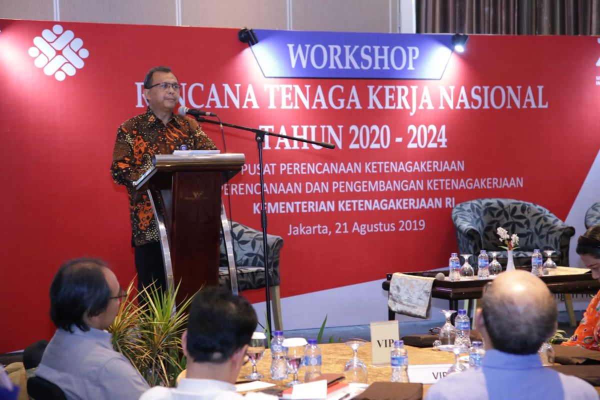 Kepala Pusat Perencanaan Ketenagakerjaan Kementerian Ketenagakerjaan Agus Triyanto dalam acara Workshop Rencana Tenaga Kerja Nasional (RTKN) Tahun 2020-2024 di Jakarta, Rabu (21/8/2019).