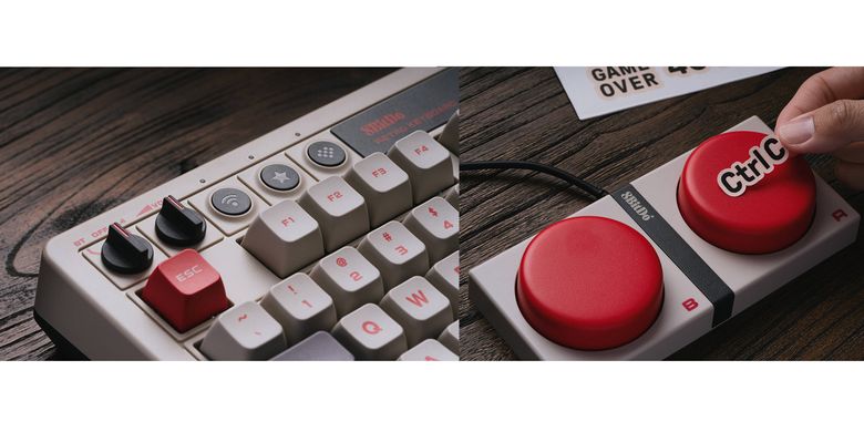 Rangkaian kenop dan tombol ekstra di bagian atas Retro Mechanical Keyboard (kiri) dan sepasang tombol Super Buttons