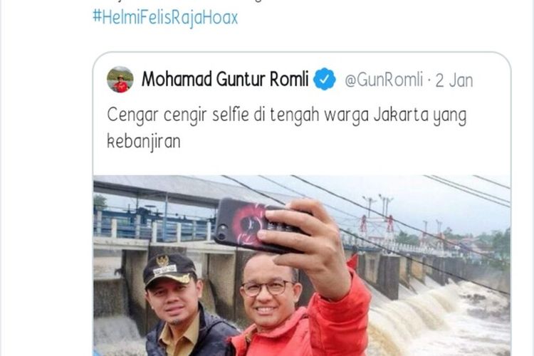 Unggahan swafoto Wali Kota Bogor Bima Arya Sugiarto dengan Gubernur DKI Jakarta Anies Baswedan di akun Twitter @GunRomli diberi judul Cengar-cengir selfie di tengah warga Jakarta yang kebanjiran menjadi ramai diperbincangkan sejak diposting pada Kamis (2/1/2020).