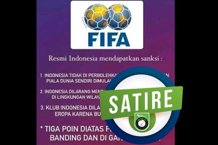 Tangkapan layar Facebook narasi yang mengeklaim bahwa FIFA resmi menjatuhkan tiga sanksi kepada Indonesia