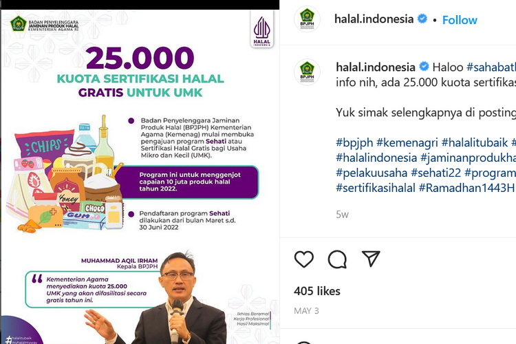 kemenag melalui BPJPH membuka sertifikasi halal gratis untuk 25.000 kuota
