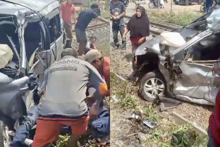 Kolase bidik layar video peristiwa mobil tertabrak kereta api di Kecamatan Natar, Lampung Selatan, Senin (31/7/2023) siang.
