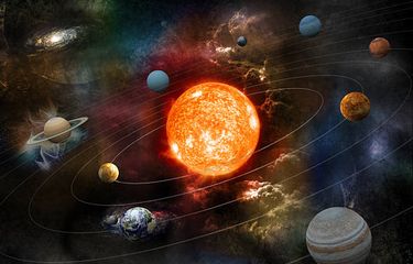 Ilustrasi matahari dan planet-planet di tata surya.