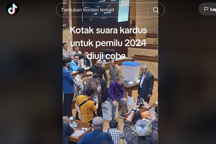Tangkapan layar video TikTok bernarasi kotak suara kardus untuk Pemilihan Umum (Pemilu) 2024 diuji coba viral di media sosial.
