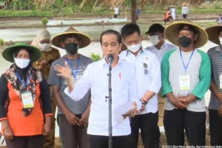 Presiden Joko Widodo memberikan keterangan pers usai melakukan penanaman padi di Trenggalek, Jawa Timur, Selasa (30/11/2021).