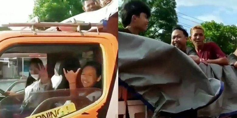 Aksi pemuda dan pemudi mandi alias kungkum di bak truk sembari keliling di Jalan Raya Sukowati, Kelurahan Nglorog, Kecamatan/Kabupaten Sragen. 