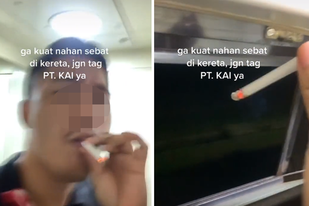 Tangkapan layar video yang memperlihatkan seorang penumpang sedang asyik merokok di dalam toilet kereta api.