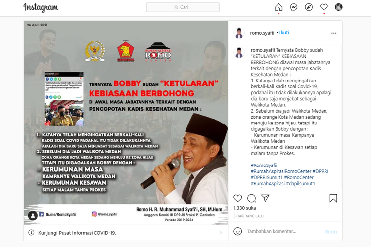 Tangkapan layar unggahan Komisi III DPR RI Muhammad Syafi'i atau Romo Syafi'i di akun Instagram pribadinya @romo.syafii pada Senin (26/4/2021).