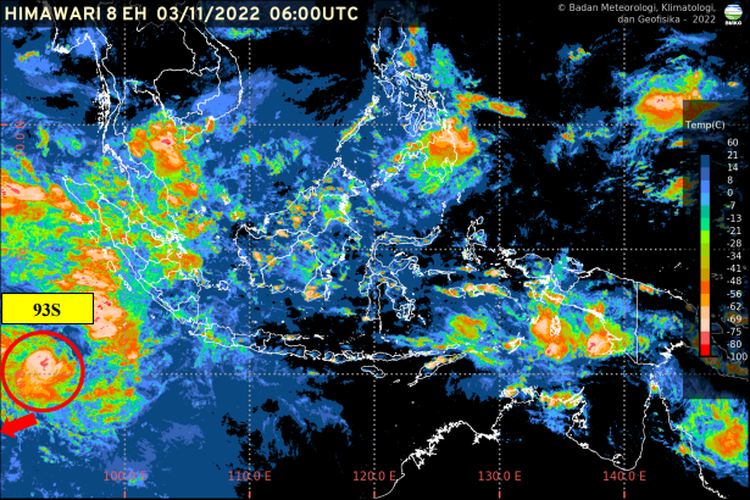 Bibit siklon tropis 93S terpantau melalui citra satelit Himawari milik BMKG pada Kamis (3/11/2022) pukul 12.00 WIB di Samudera Hindia, sebelah barat daya Sumatera, tepatnya di sekitar koordinat 8,9 LS dan 94,0 BT.
