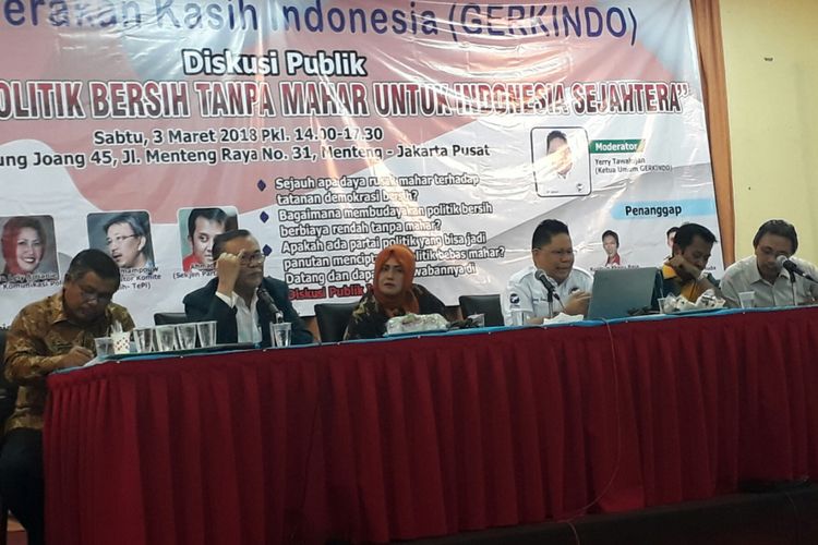 Diskusi publik Menciptakan Politik Bersih Tanpa Mahar Untuk Indonesia Sejahtera, yang diselenggarakan Gerakan Kasih Indonesia (Gerkindo), di Gedung Joang 45, Meteng, Jakarta Pusat, Sabtu (3/3/2018).
