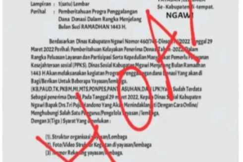 Beredar Surat Edaran Penggalangan Dana Atas Nama Dinas Sosial Ngawi, Kadis: Itu Hoaks