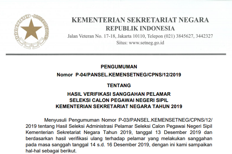 Pengumuman hasil verifikasi sanggahan pelamar seleksi CPNS Kemensetneg 2019