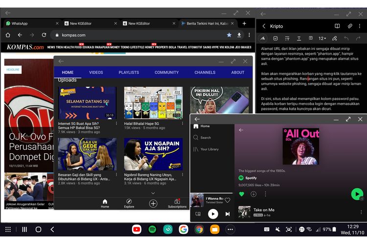 Samsung DeX bisa memuat banyak jendela aplikasi sekaligus. Ukuran dan posisinya bisa bebas diatur oleh pengguna. 
