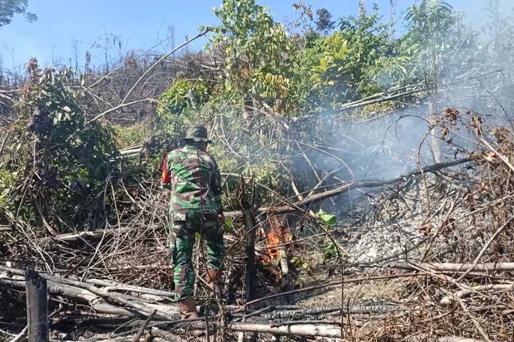 Petugas TNI AD memadamkan karhutla di Kecamatan Rambah Samo, Kabupaten Rokan Hulu, Riau, Minggu (9/8/2020).