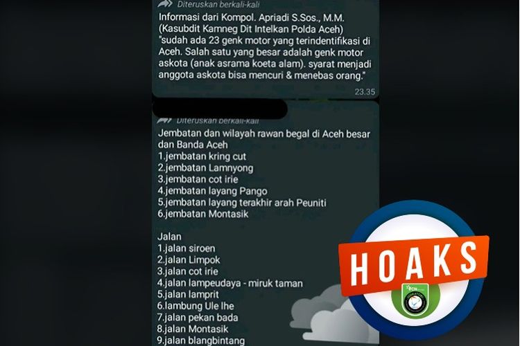 Tangkapan layar TikTok pesan yang menyebut polisi mengidentifikasi bahwa di Aceh terdapat 23 geng motor