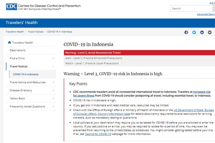 Tangkapan layar situs resmi CDC yang mengeluarkan peringatan bagi warga AS yang hendak berpergian ke Indonesia.