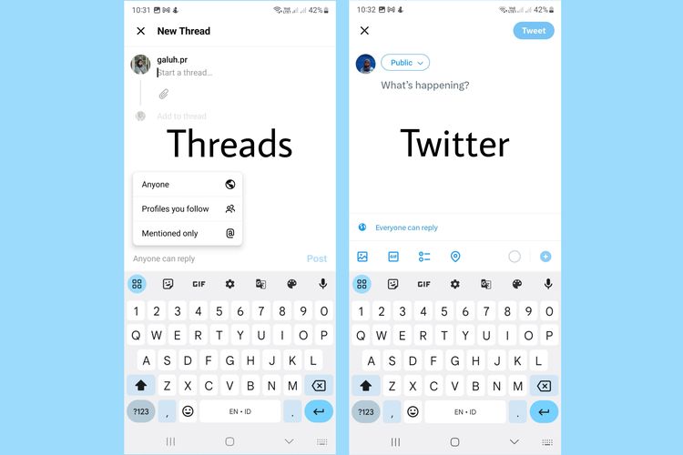 Perbandingan tampilan ketika memposting Threads dan Tweet.