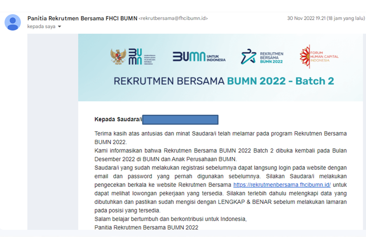 Tangkapan layar email dari panitia Rekrutmen Bersama BUMN 2022.