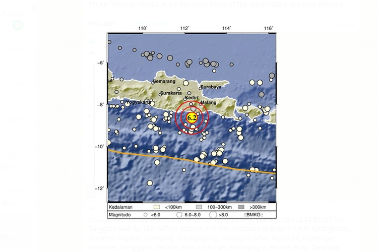 Gempa berpusat di Blitar dengan kekuatan magnitudo 6.2 dirasakan di sejumlah wilayah di Yogyakarta, Jawa Tengah, hingga Bali.