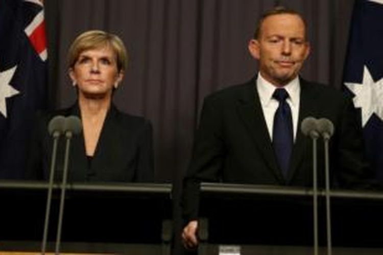 PM Australia Tony Abbott dan Menlu Julie Bishop dalam jumpa pers di Canberra, beberapa jam setelah duo Bali Nine, Myuran Sukumaran dan Andrew Chan dieksekusi di Nusakambangan, Rabu (29/4/2015), dini hari.