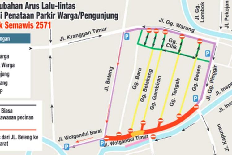 Skema Perubahan Arus Lalu lintas dan penataan parkir jelang diadakannya Pasar Imlek Semawis 2571 di kawasan Pecinan, Jalan Gang Pinggir hingga Wotgandul Timur, Jumat-Minggu (17-19/1/2020).