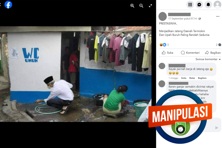 Tangkapan layar konten manipulasi di sebuah akun Facebook, Minggu (17/9/2023), berisi gambar Ganjar membersihkan WC umum.
