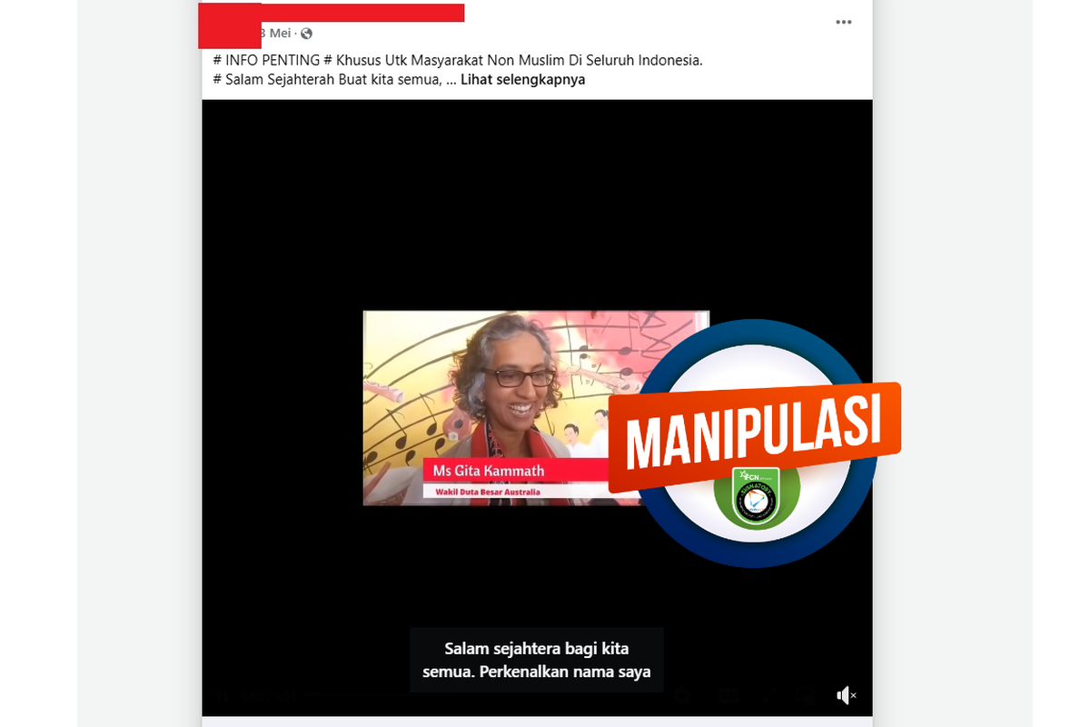 Tangkapan layar Facebook narasi yang mengeklaim Wakil Duta Besar Australia untuk Indonesia, Gita Kamath menawarkan bantuan untuk umat Kristen di Indonesia