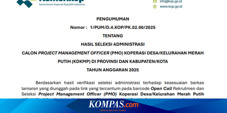 Hasil Seleksi Administrasi PMO Kemenkop 2025 Diumumkan, Ini Linknya