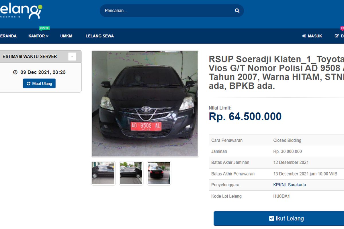 Tangkapan layar laman lelang Toyota Vios lansiran 2007 yang akan diselenggarakan pemerintah di situs lelang.go.id
